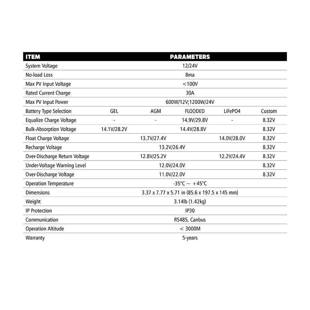 30A MPPT SOLAR CONTROLLER   RV-C