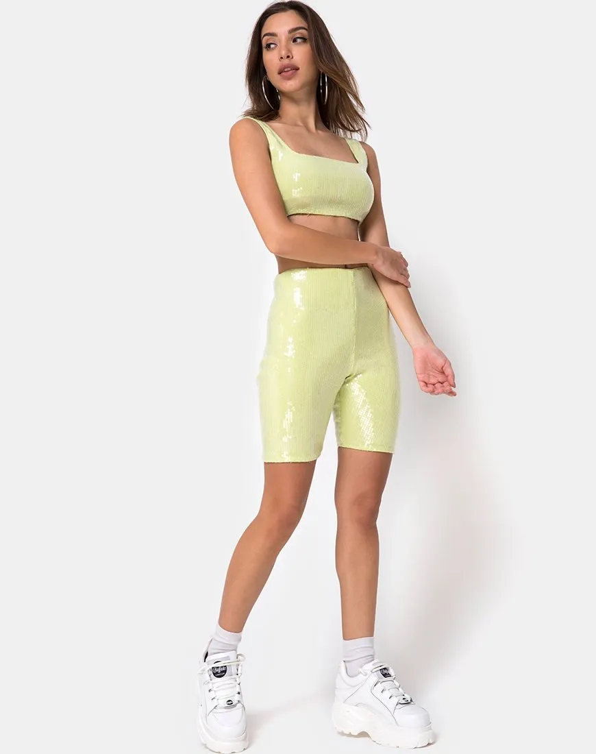 Bike Short in Pistachio Green with Clear Sequins