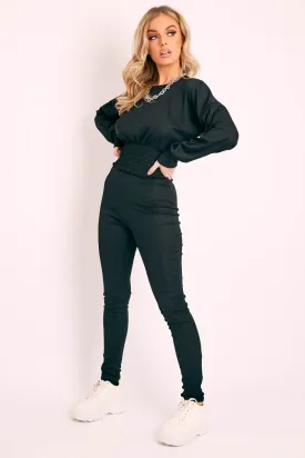 Black Shirred Top and Leggings Loungewear Co-ord - Tynlie