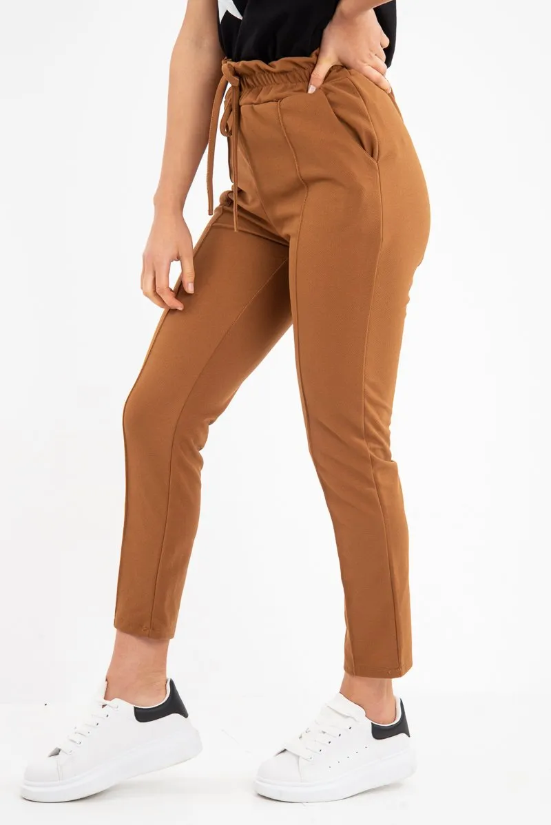 Camel Drawstring Seam Front Tailored Joggers - Lissie