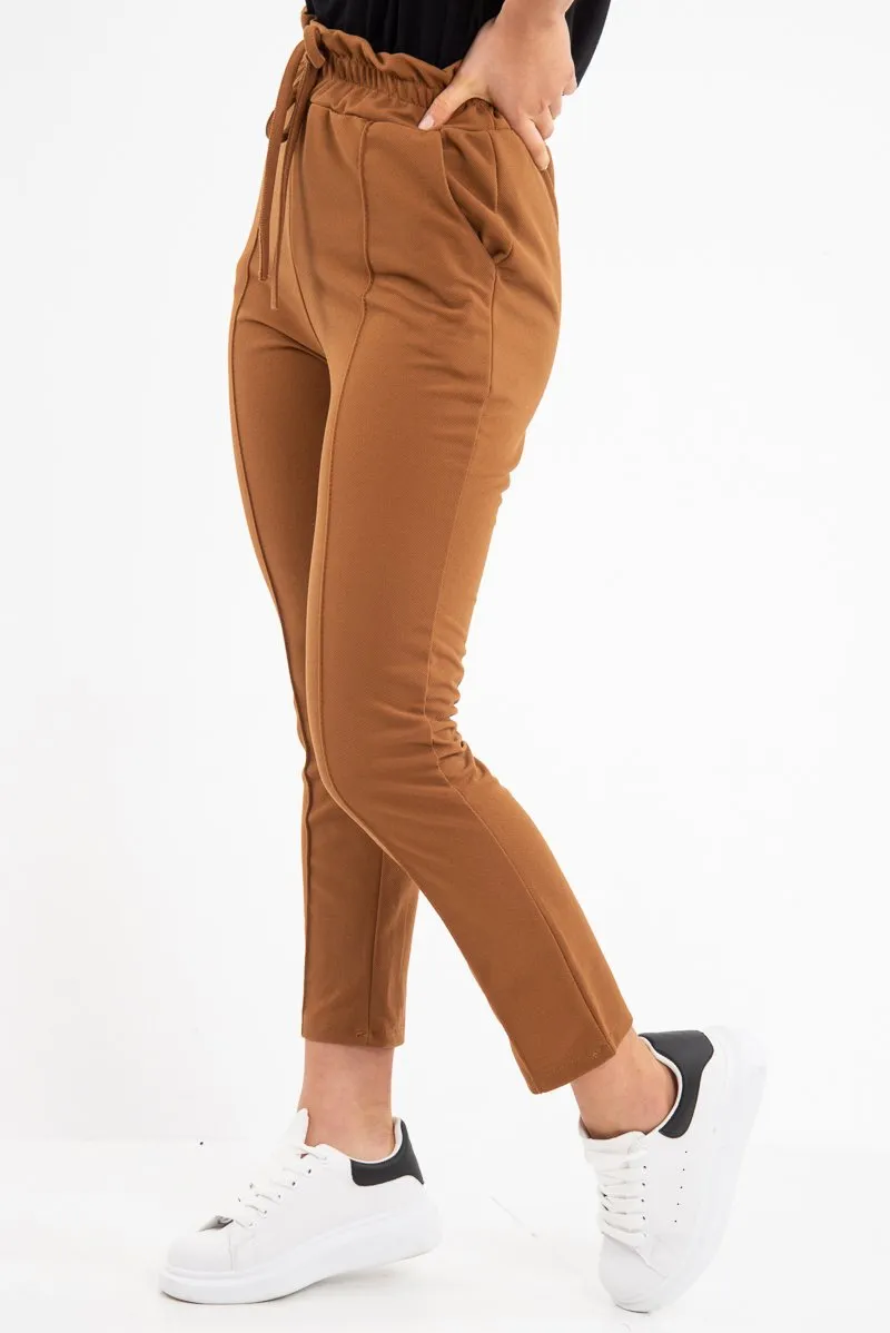 Camel Drawstring Seam Front Tailored Joggers - Lissie