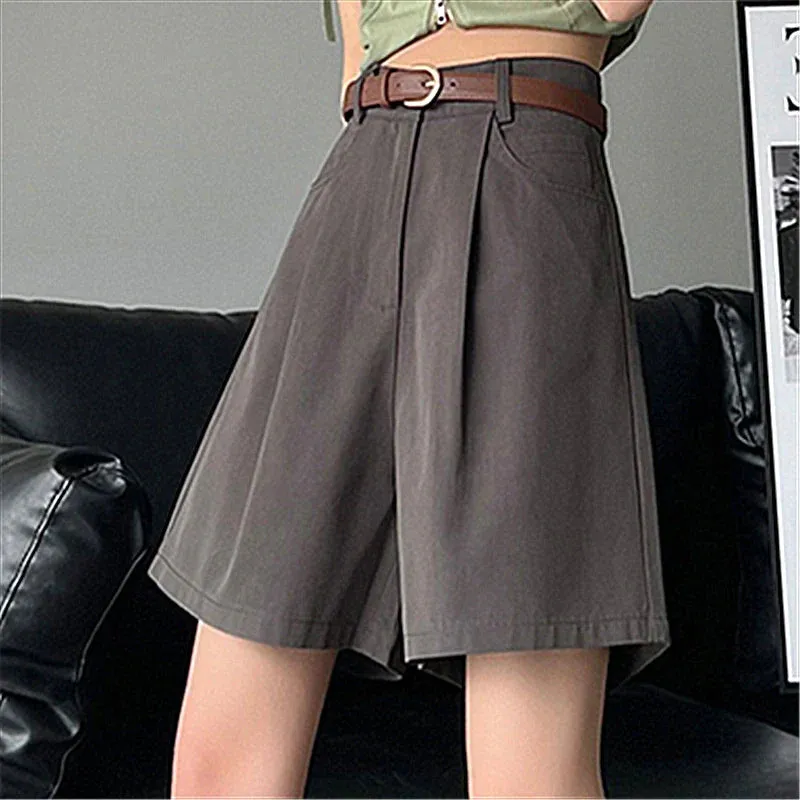 Casual Workwear Women's Summer Wide Leg High Waist Solid Pockets Minimalism Loose Shorts