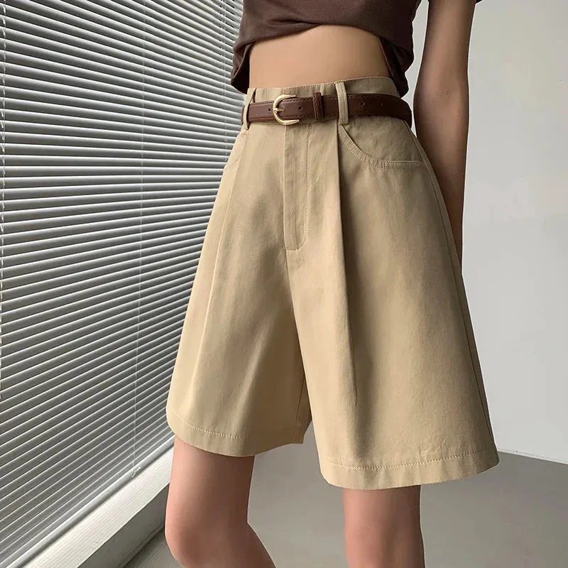 Casual Workwear Women's Summer Wide Leg High Waist Solid Pockets Minimalism Loose Shorts