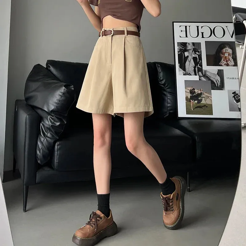 Casual Workwear Women's Summer Wide Leg High Waist Solid Pockets Minimalism Loose Shorts