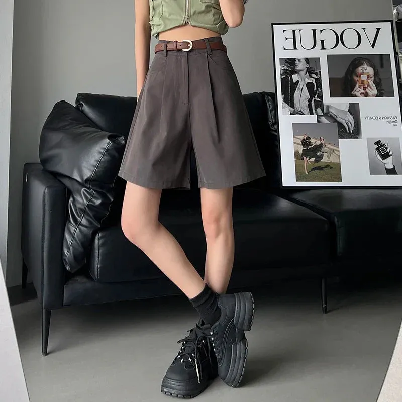 Casual Workwear Women's Summer Wide Leg High Waist Solid Pockets Minimalism Loose Shorts