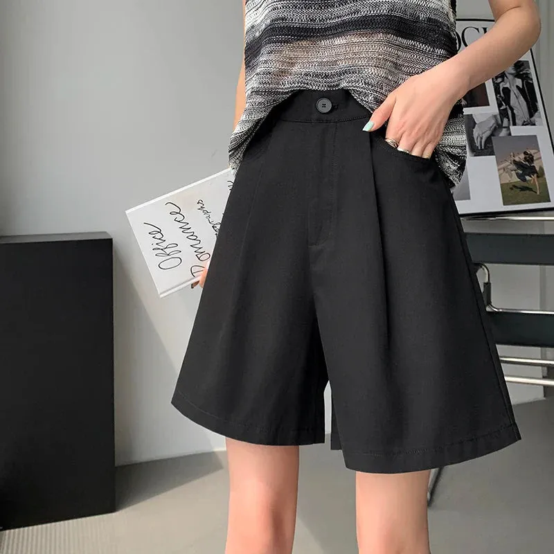 Casual Workwear Women's Summer Wide Leg High Waist Solid Pockets Minimalism Loose Shorts