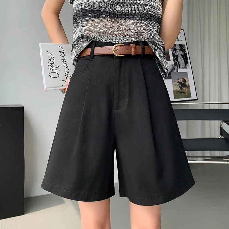 Casual Workwear Women's Summer Wide Leg High Waist Solid Pockets Minimalism Loose Shorts