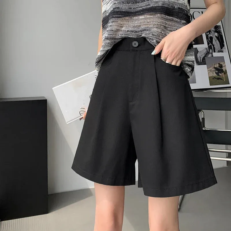 Casual Workwear Women's Summer Wide Leg High Waist Solid Pockets Minimalism Loose Shorts