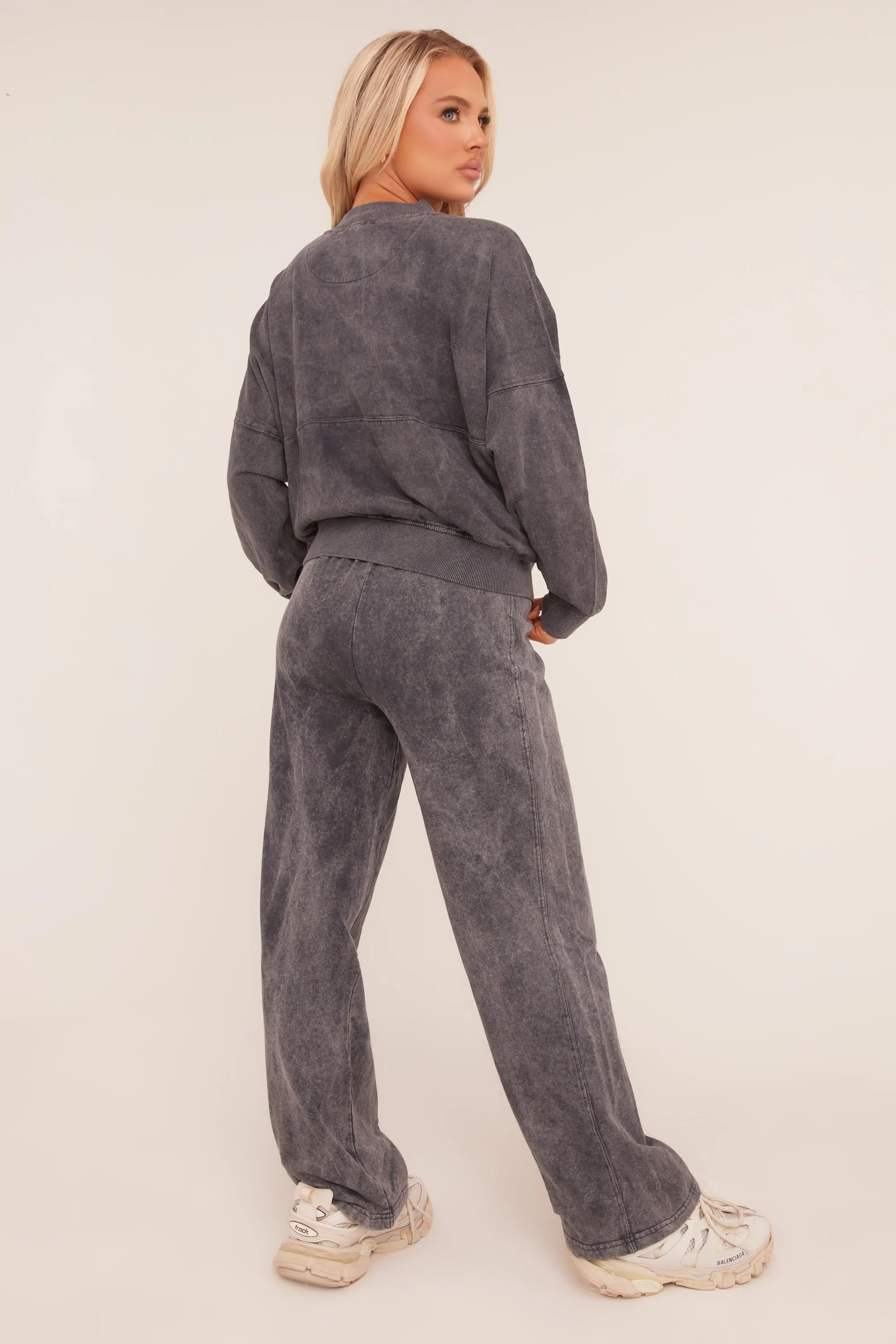 Charcoal Washed Effect Zip Front Bomber & Joggers Loungewear Co-ord Set - Kamila