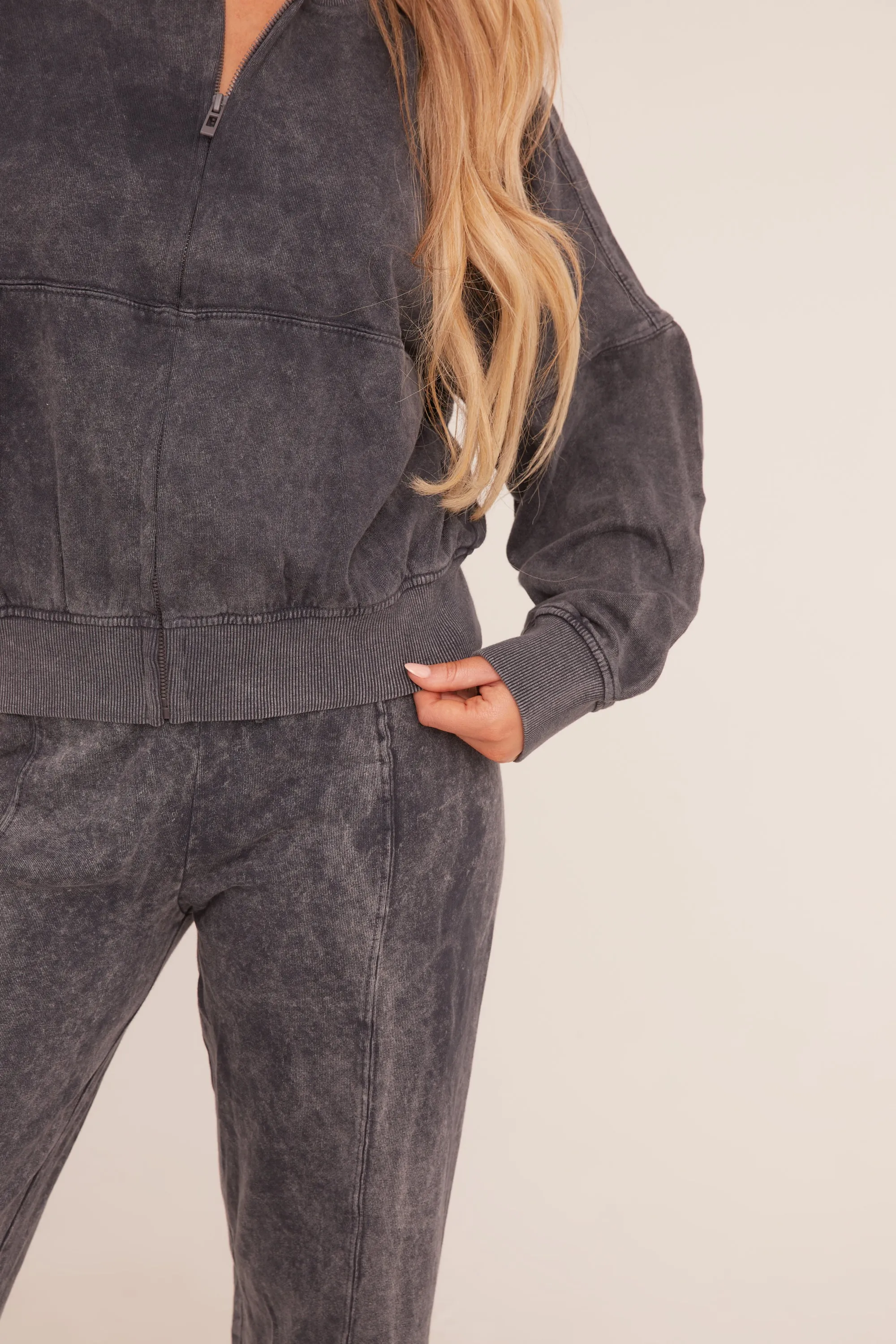 Charcoal Washed Effect Zip Front Bomber & Joggers Loungewear Co-ord Set - Kamila