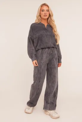 Charcoal Washed Effect Zip Front Bomber & Joggers Loungewear Co-ord Set - Kamila