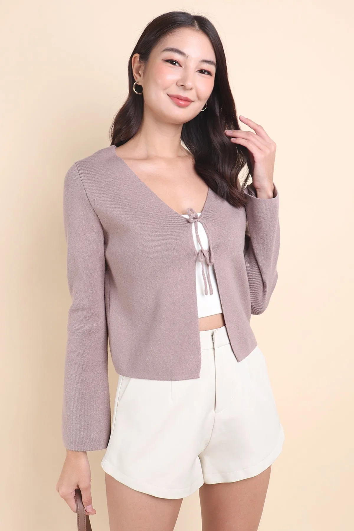 CHELLA TIE-KNOT CARDIGAN IN MOCHA