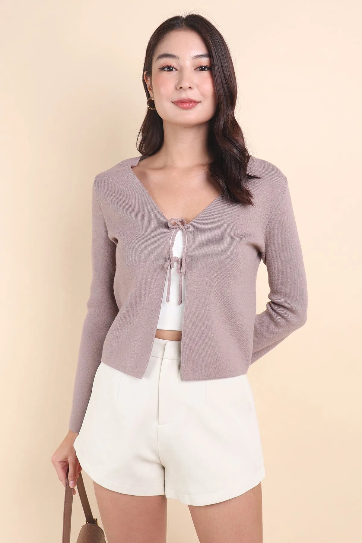 CHELLA TIE-KNOT CARDIGAN IN MOCHA