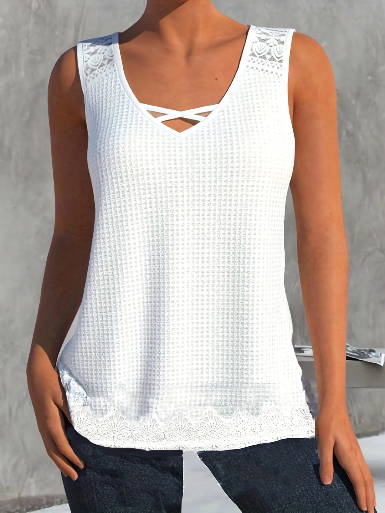 Curvy Lace Waffle Tank Top with Criss Cross Detail