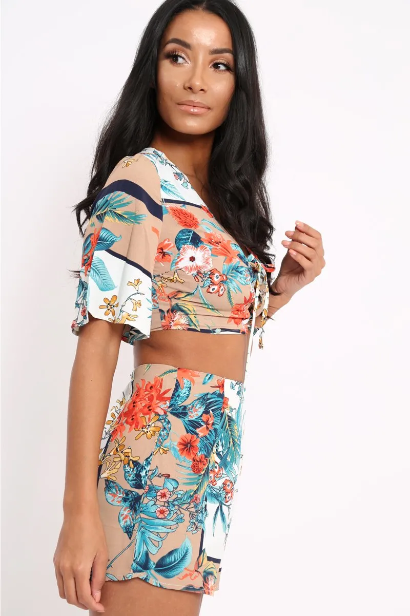 Floral with Beige Contrast Crop Top and Shorts Co-ord - Cammy