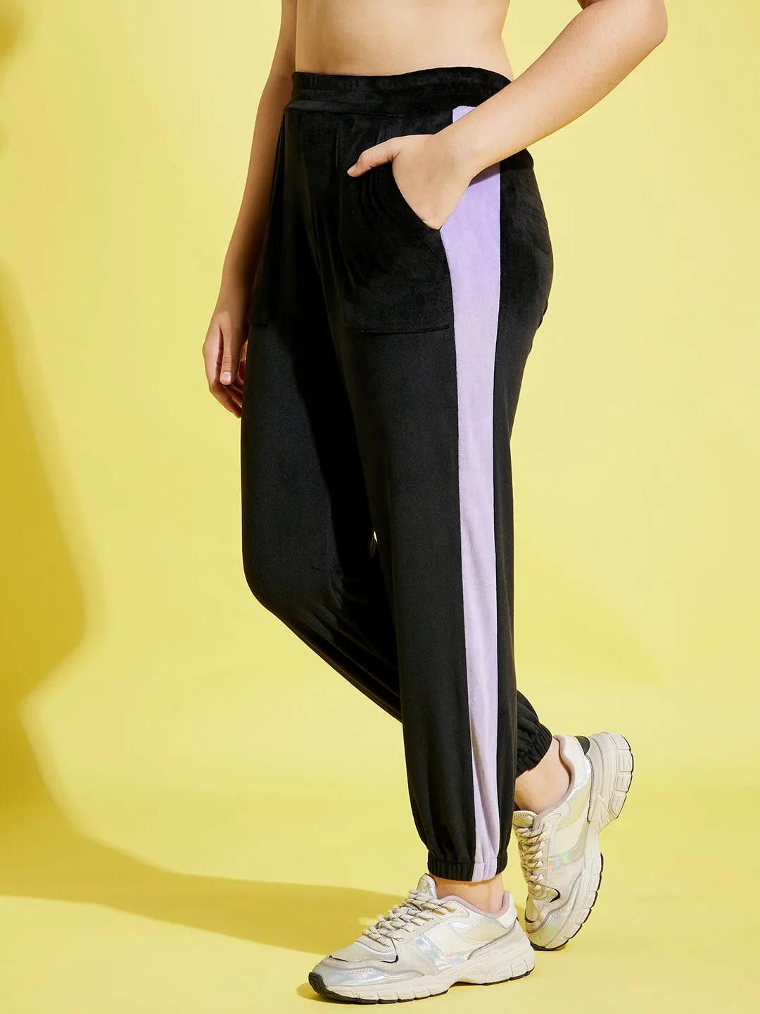 Girls Black & Lavender Velour Joggers