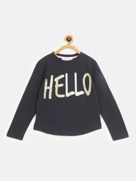 Girls Navy Hello Print Full Sleeve T-Shirts