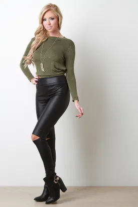 High Waist Slit Knees Vegan Leather Leggings