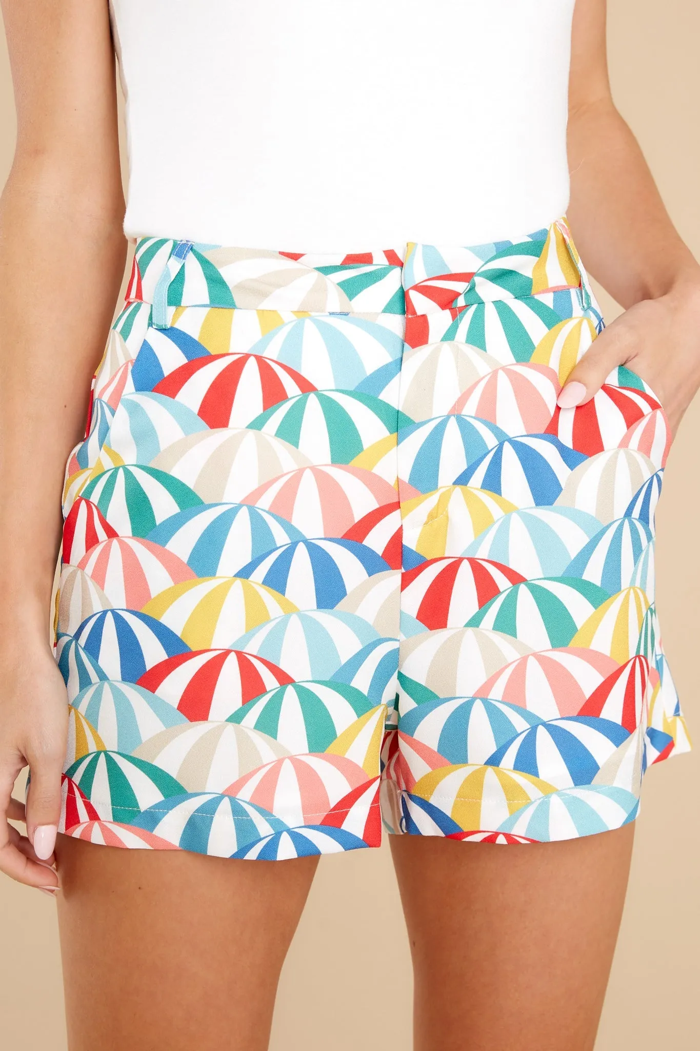 Keep This Groove White Parasol Print High Waist Shorts