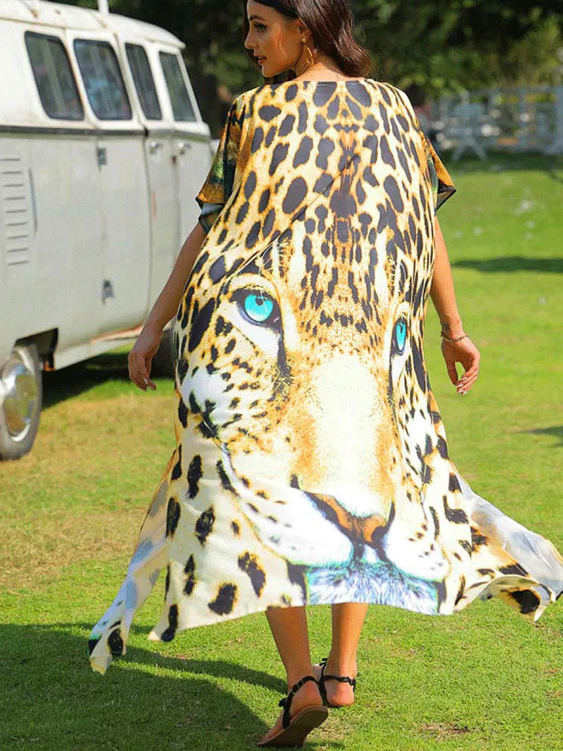 Leopard Print Yellow Leopard Color Polyester Long Length Gown Kimono Duster Robe