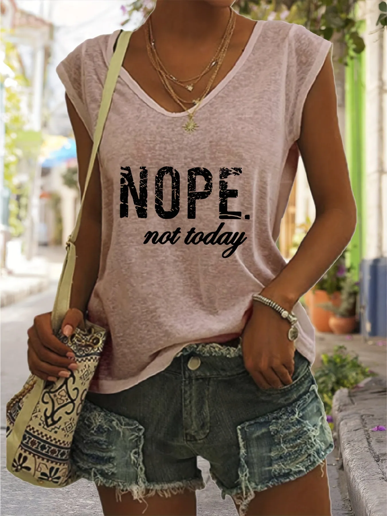 Nope Print Tank VNeck Casual Top for Spring  Summer