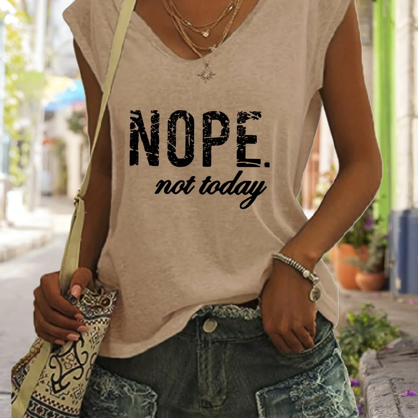 Nope Print Tank VNeck Casual Top for Spring  Summer