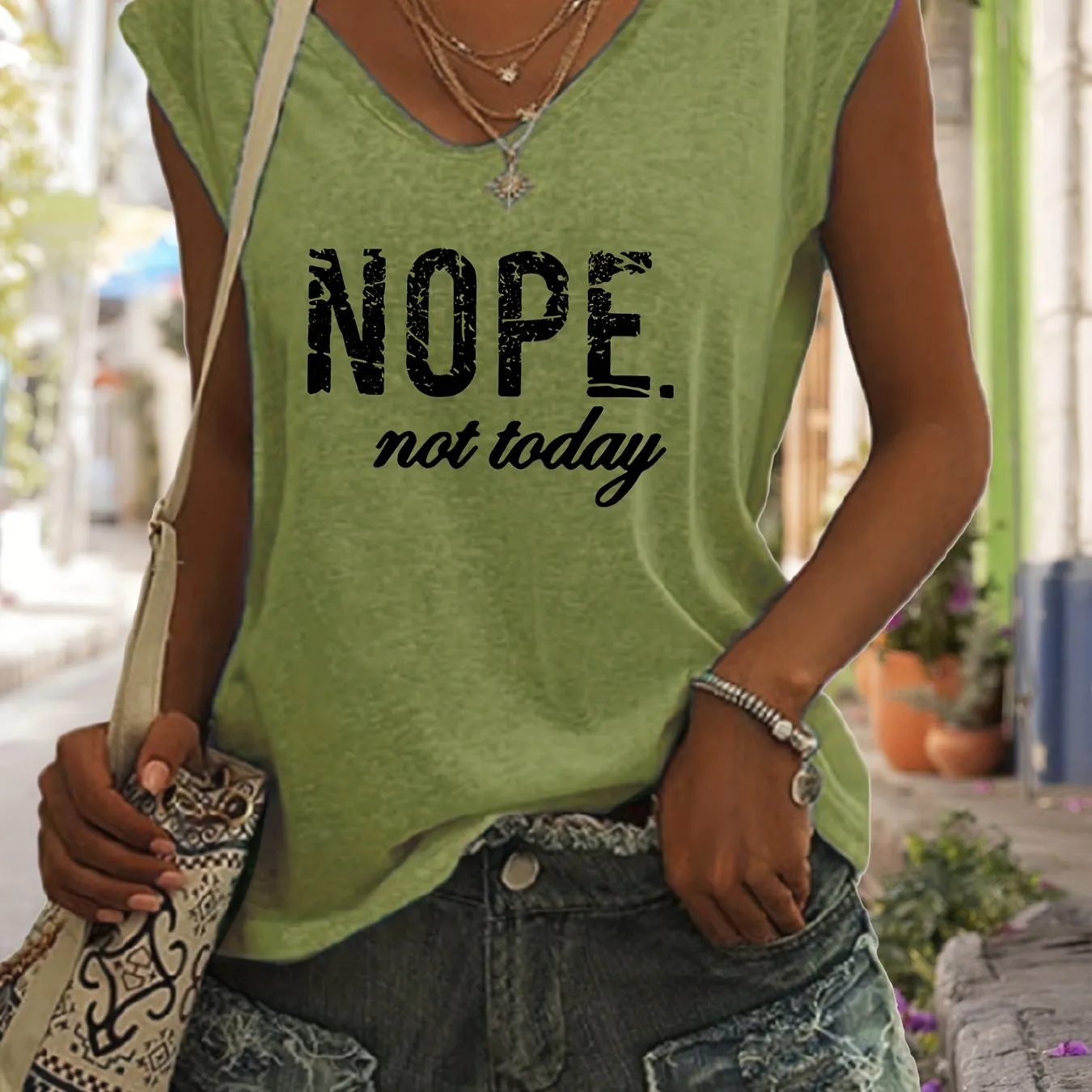 Nope Print Tank VNeck Casual Top for Spring  Summer