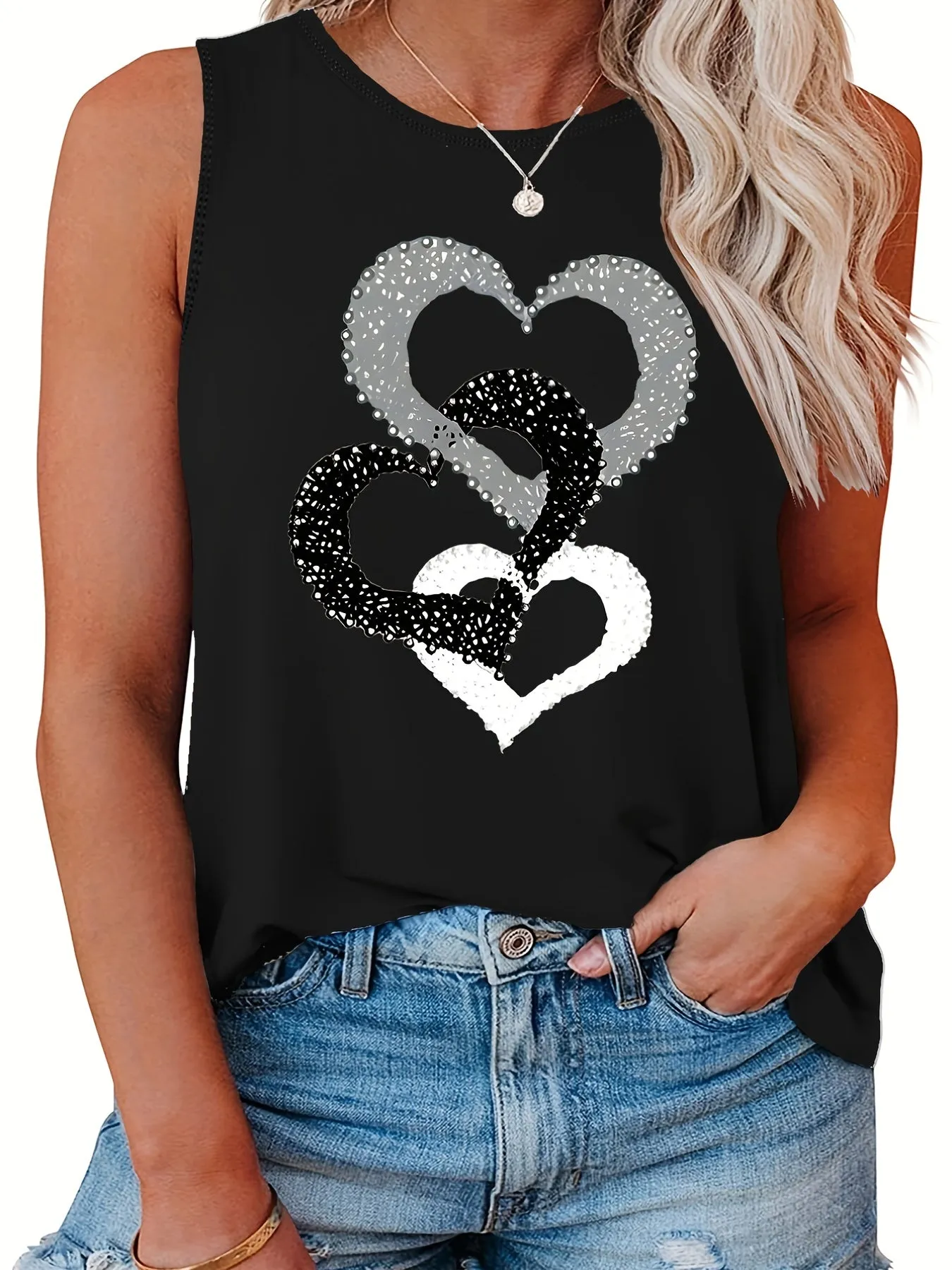 Stylish Heart Print Plus Size Tank Top for Women