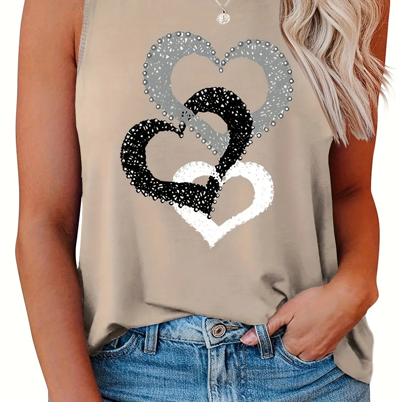 Stylish Heart Print Plus Size Tank Top for Women