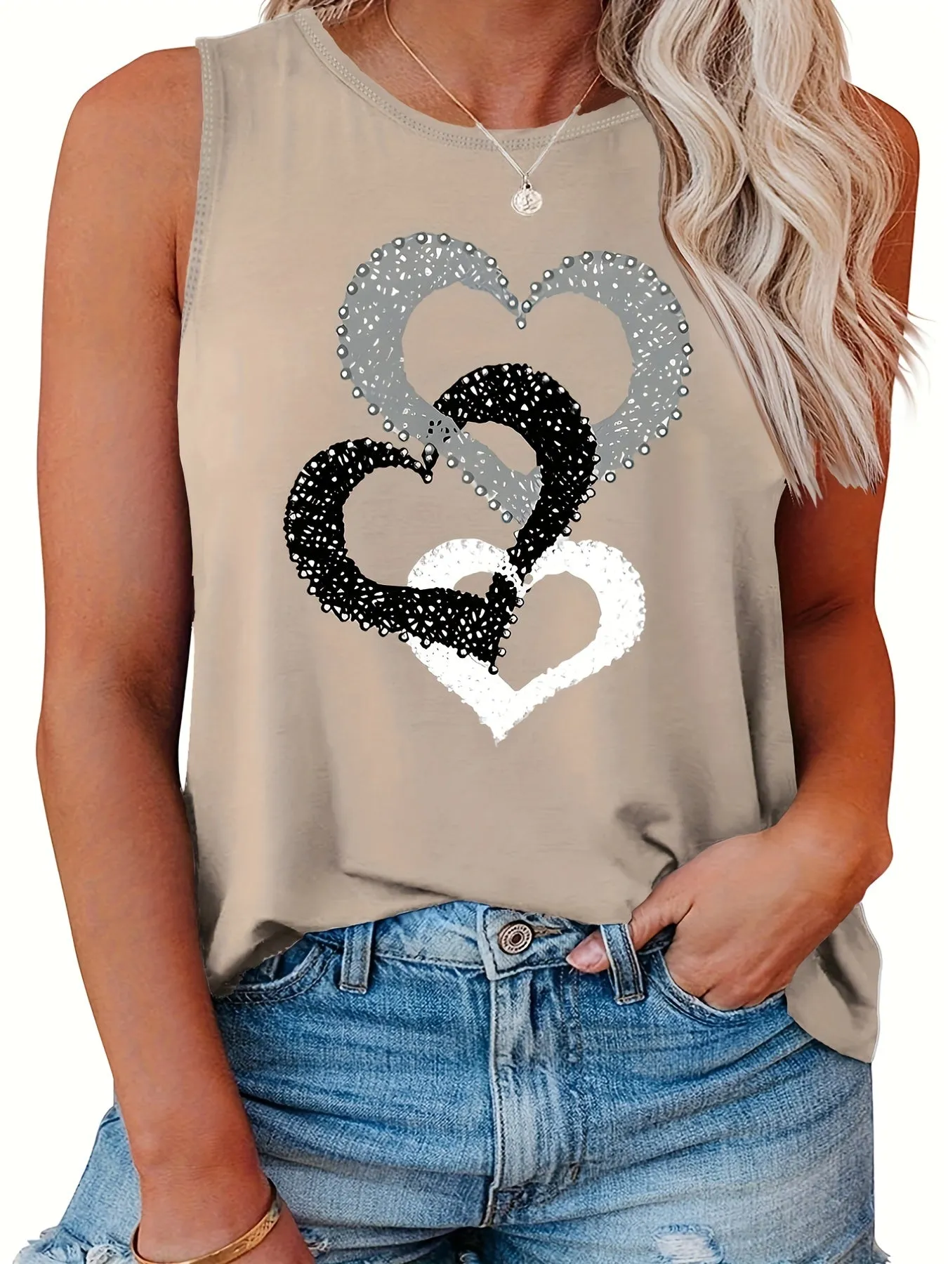 Stylish Heart Print Plus Size Tank Top for Women