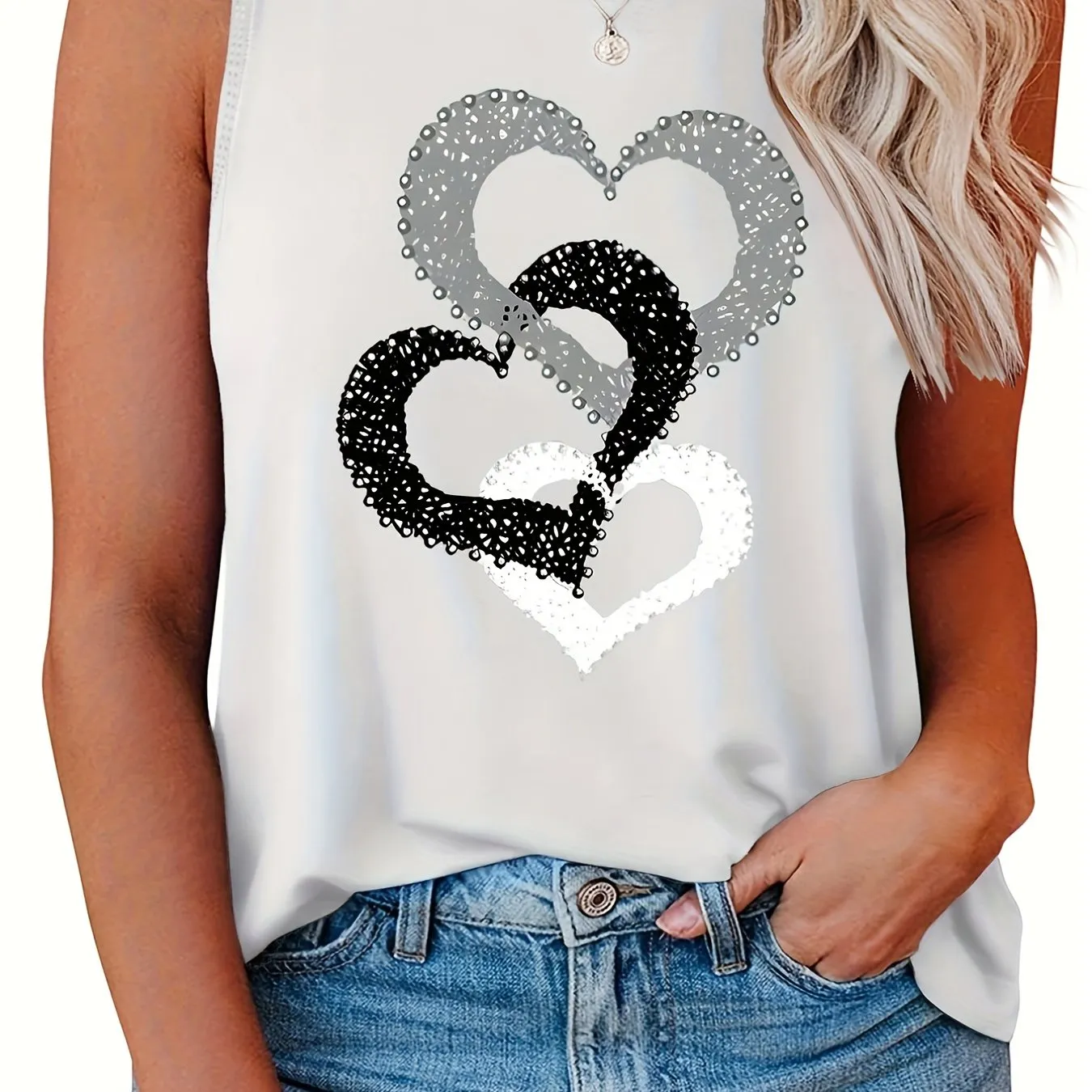 Stylish Heart Print Plus Size Tank Top for Women