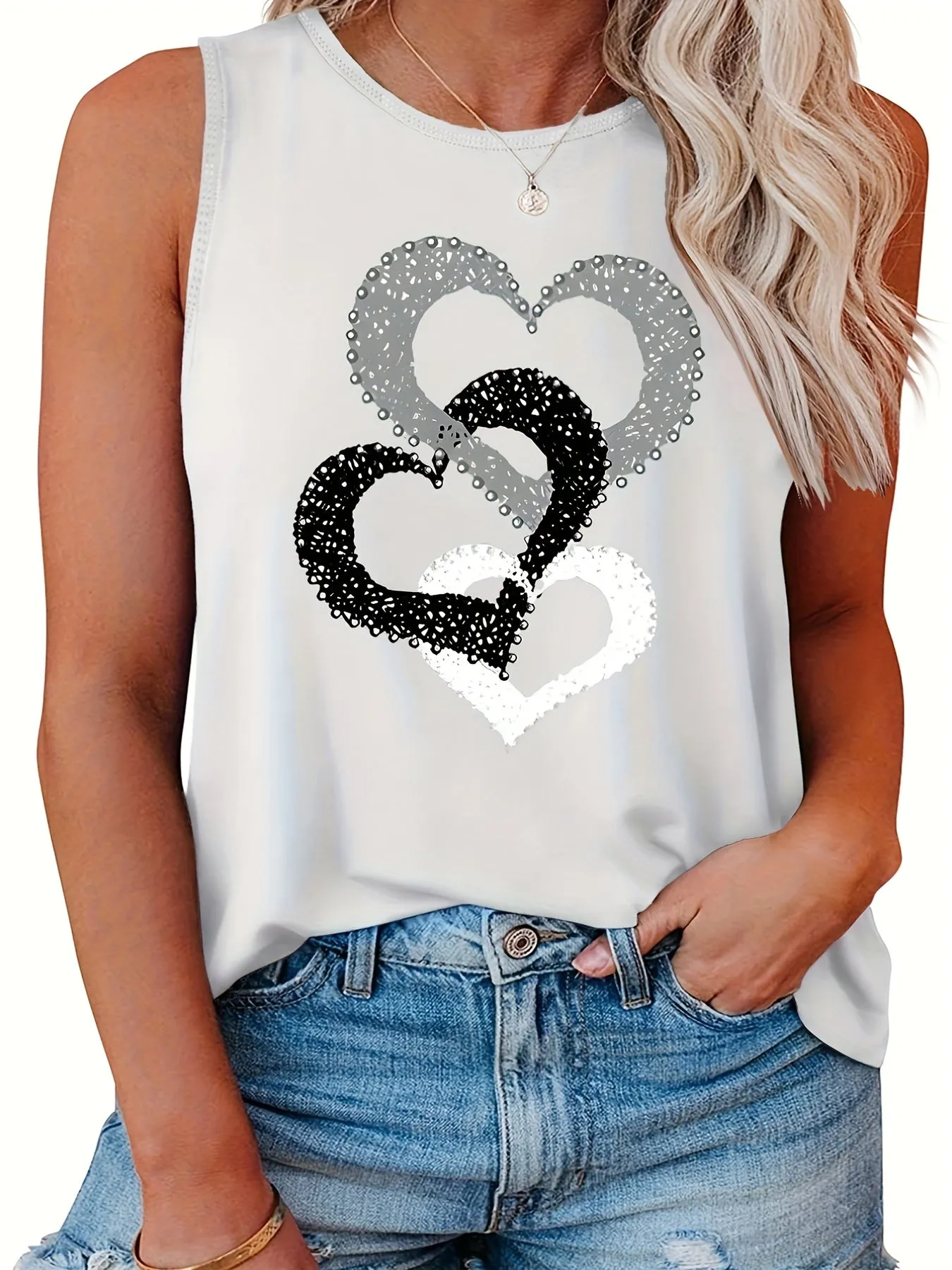 Stylish Heart Print Plus Size Tank Top for Women