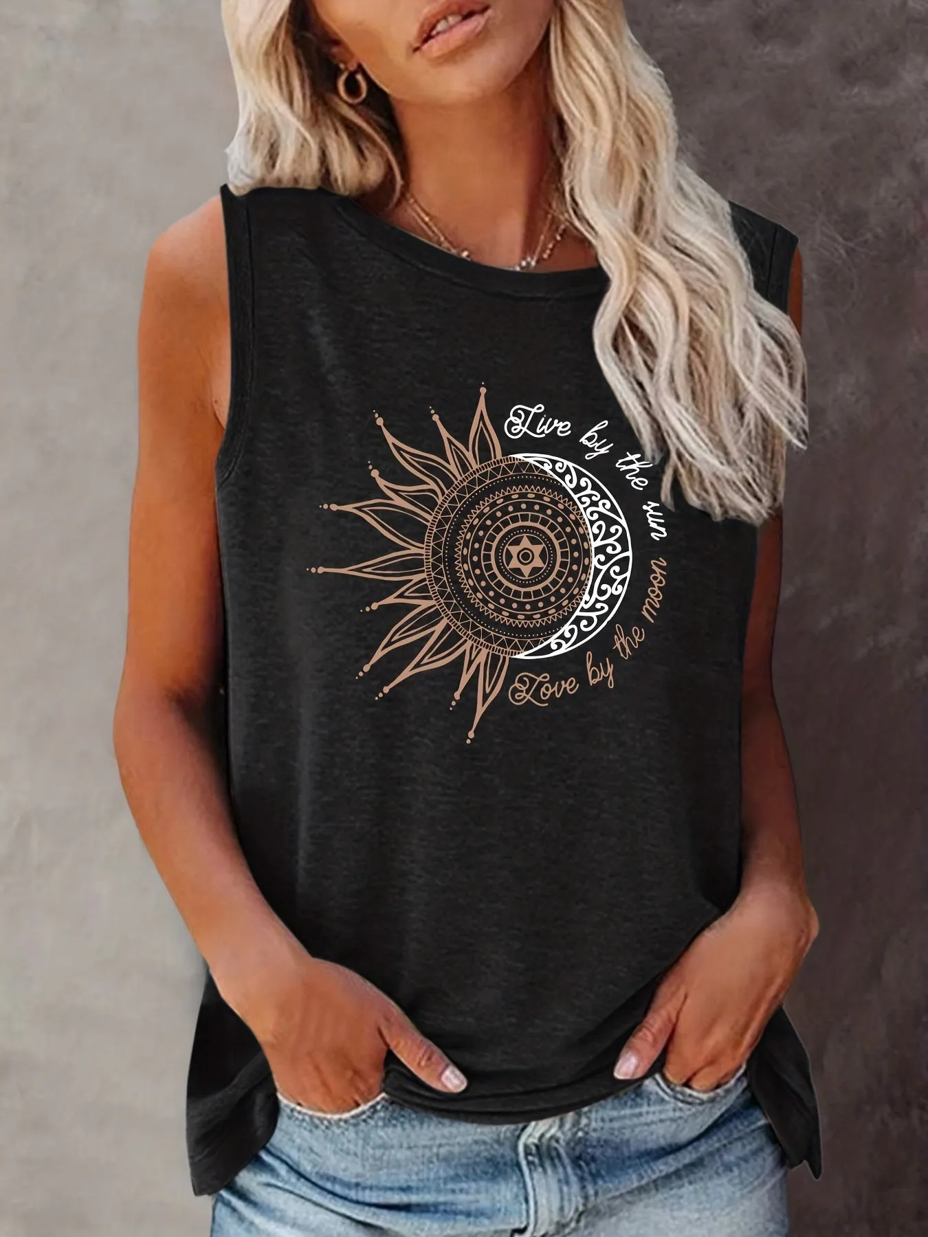 Sun  Moon Graphic Tank for Summer Womens Casual Top