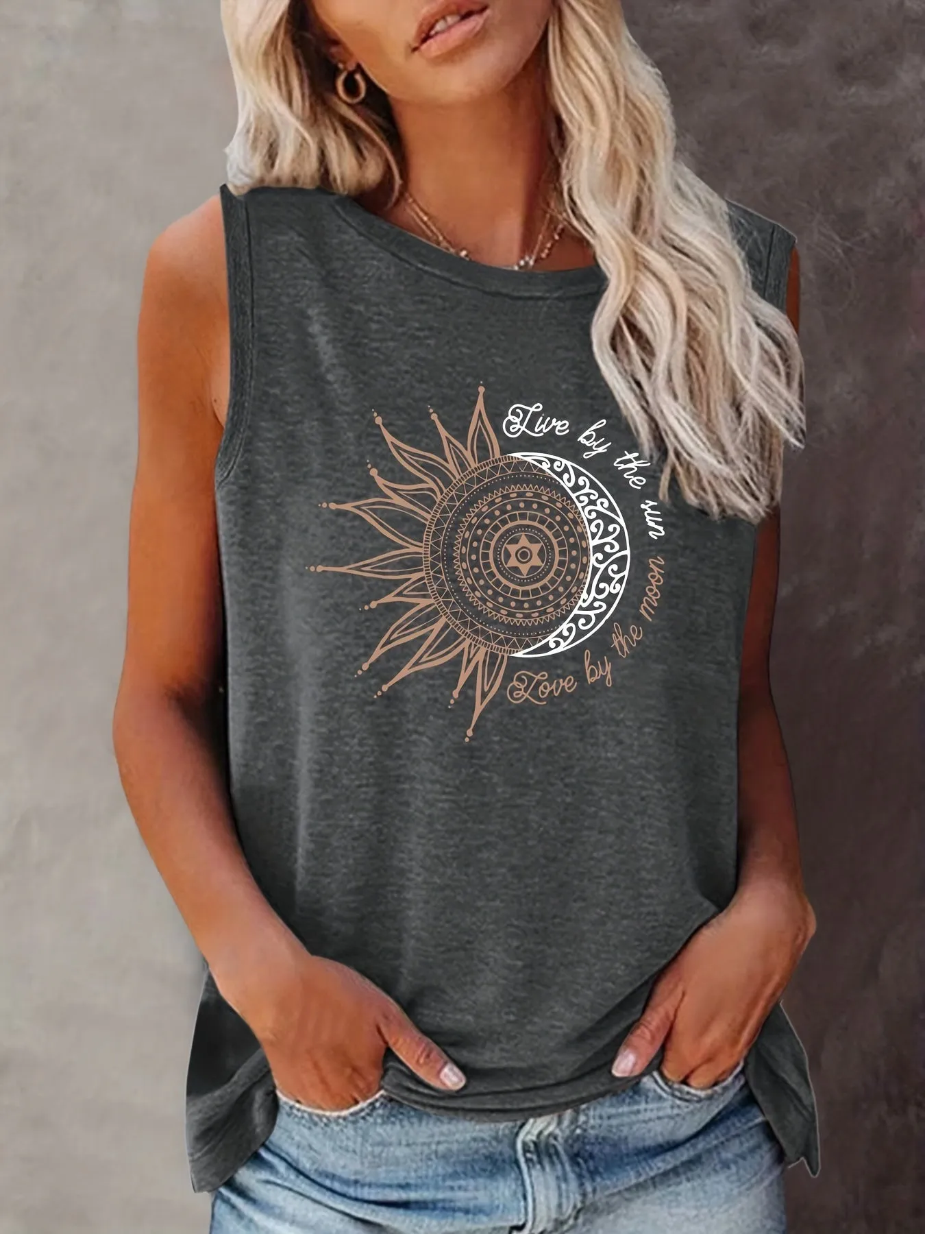 Sun  Moon Graphic Tank for Summer Womens Casual Top