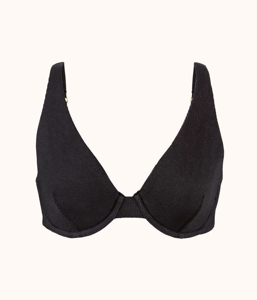 The Unlined Ribbed Plunge Bra: Jet Black