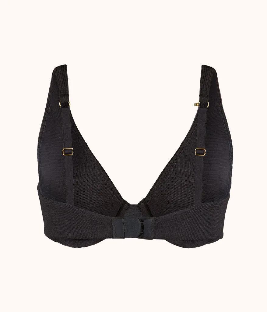 The Unlined Ribbed Plunge Bra: Jet Black