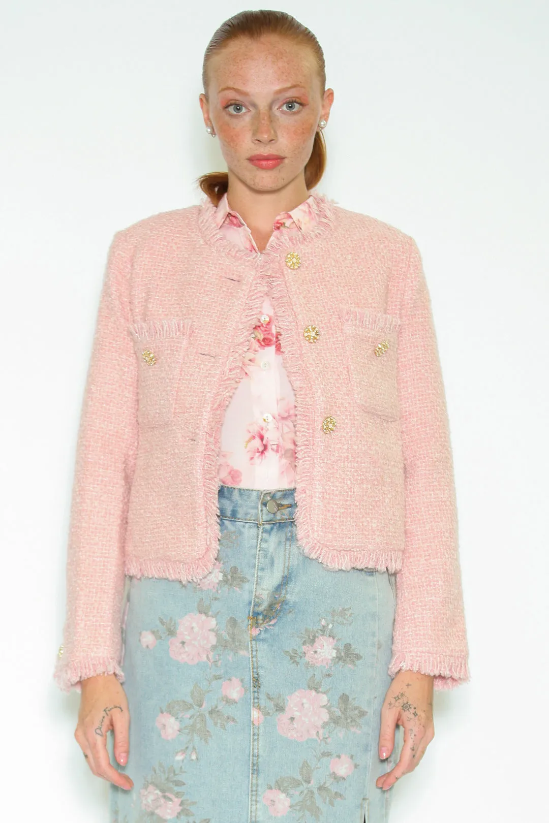 Wool Pink Tweed Cropped Blazer