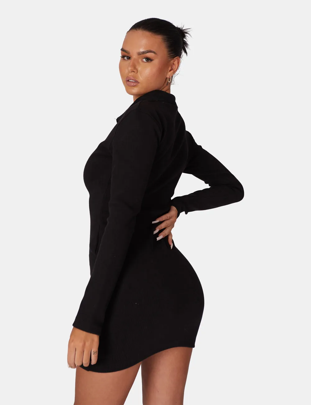 Zip Through Collared Mini Dress Black