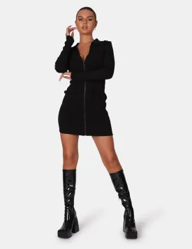 Zip Through Collared Mini Dress Black