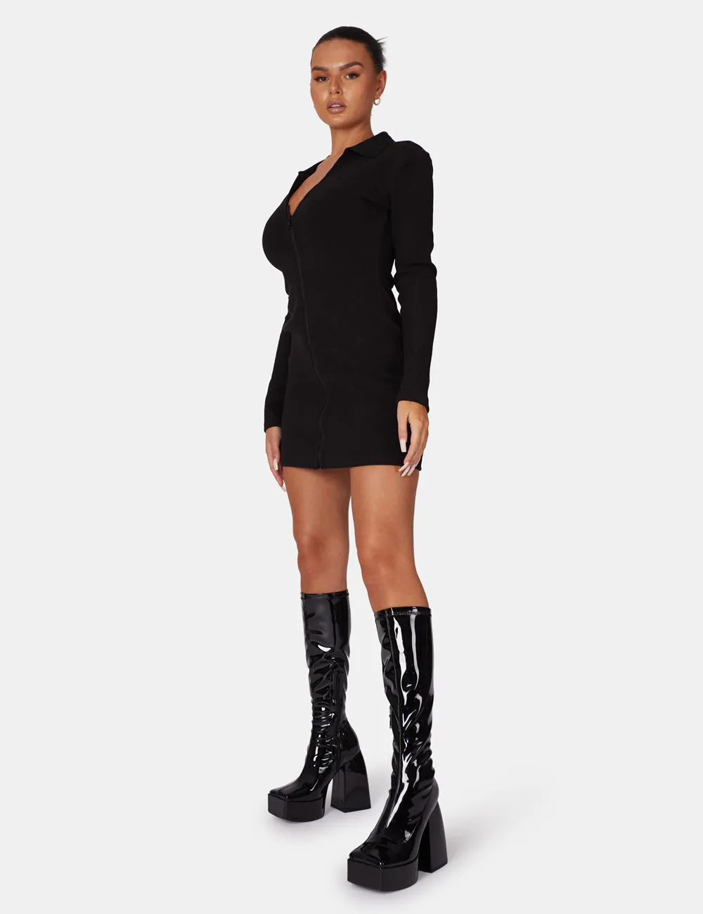 Zip Through Collared Mini Dress Black