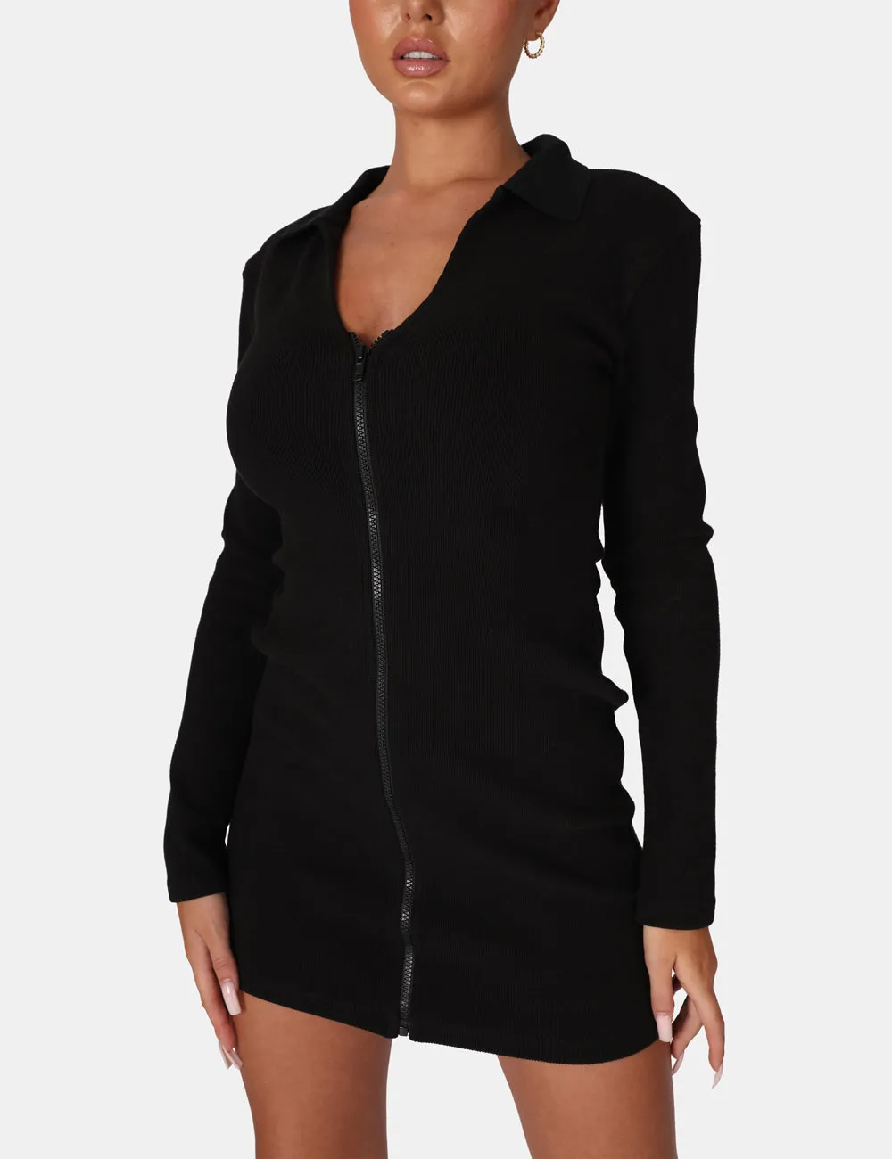 Zip Through Collared Mini Dress Black